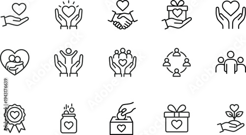 A collection of heart and hand icons representing love and charity