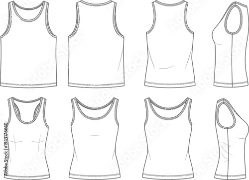 Various flat-sketch technical drawings illustrate multiple front and back views of different women's tank top apparel silhouettes.