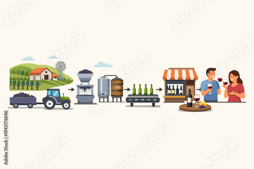 Wine production process infographic vector illustration showing grape harvesting at a vineyard, crushing, fermentation, bottling line, retail shop, and a couple enjoying glasses of red wine.