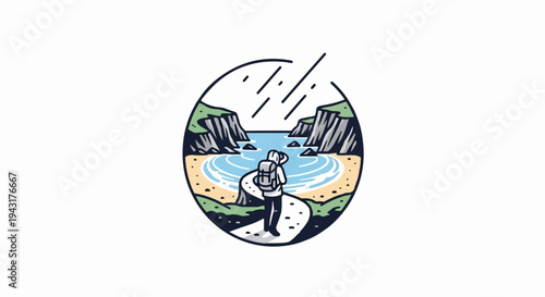 Hiker on path overlooking tranquil bay with cliffs and gentle waves