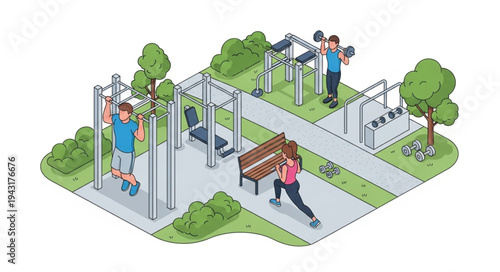 Outdoor Fitness Park with People Exercising.