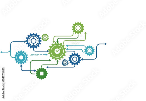 Interconnected gears and arrows forming a network of processes and data flow