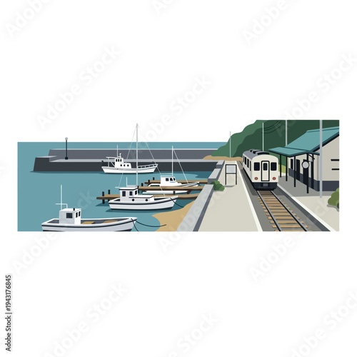 Boats docked at marina with train platform.