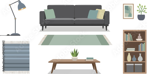 Cozy living room arrangement with sofa, coffee table, lamp, rugs, and bookshelf