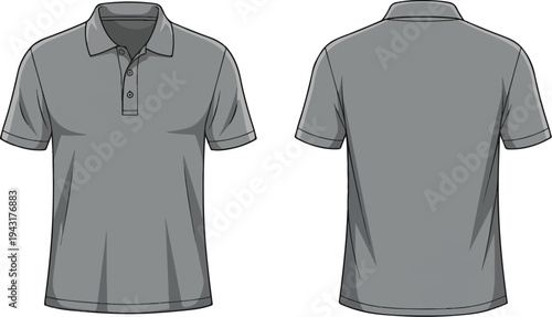 Front and back view of a plain grey short-sleeved collared shirt
