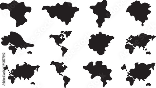 Twelve black silhouette maps of different continents and regions on white background