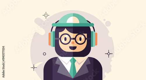 Flat illustration of a smiling person wearing headphones and a suit
