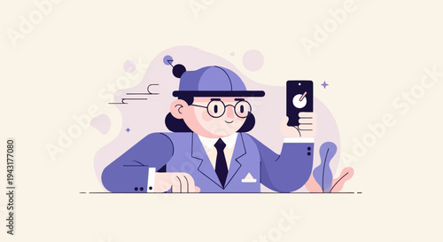 Cheerful character in purple suit holding smartphone, taking picture