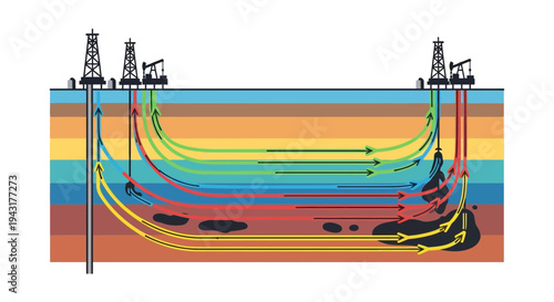 Oil Extraction Process Diagram Showing Underground Layers and Wells.