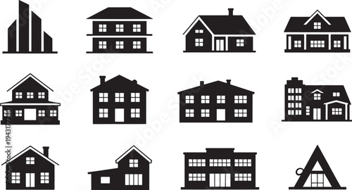 Various black and white house and building in different architectural styles architecture
