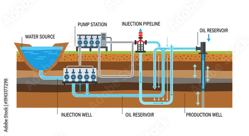 Oil Extraction Process Diagram Showing Water Injection Method.