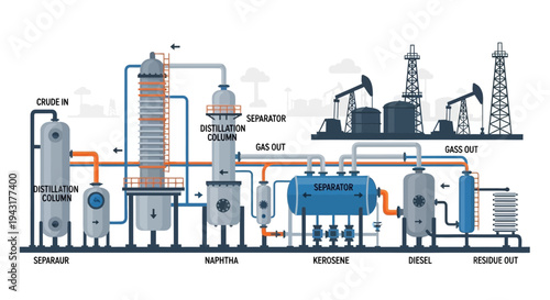 Oil Refinery Industrial Process Diagram Illustration.