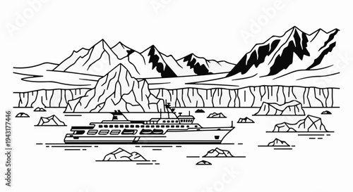 Cruise ship navigates icy waters amidst majestic glaciers and rugged peaks