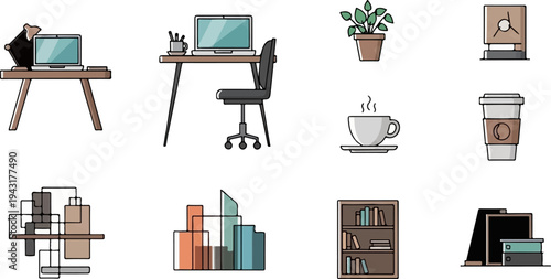 Diverse office icons including laptops, coffee, plants, and cityscape