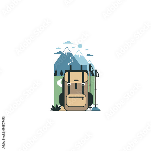 Backpack with Trekking Poles and Hiking Gear.