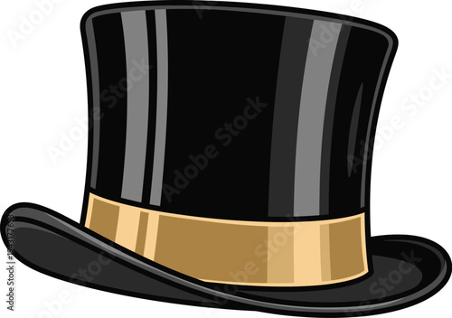 Classic black silk top hat featuring a shiny golden satin ribbon band sits isolated against a clean white background for formal wear.