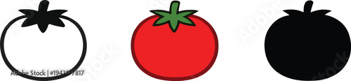 Tomato icon set with outline, full color, and silhouette vector