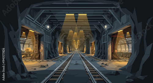 Underground Mine Tunnel with Railway Tracks.