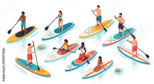 Paddleboarders on calm water surface.