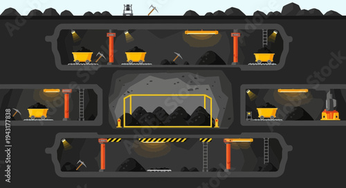 Underground Mine Tunnels with Mining Carts and Equipment.