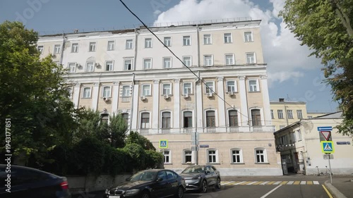 A beautiful old residential building in the historical part of Moscow in summer. Dolly camera