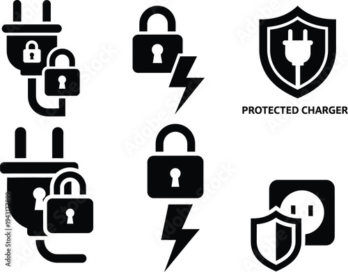Vector icon set depicting electrical security, power protection, and safe charging concepts for plugs and sockets, emphasizing safeguarded connections and system integrity