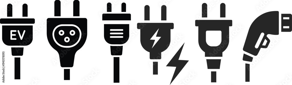 Obraz premium Diverse collection of electric vehicle charging plugs and power connectors, illustrating essential energy supply interfaces and sustainable technology symbols for modern connectivity