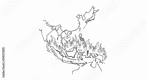 Continents depicted as burning, a dramatic environmental concept