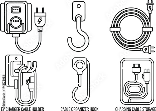 Line art icon set illustrating electric vehicle charging accessories and cable management solutions for efficient home EV station organization and tidy plug storage