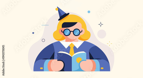 Animated person in party hat reads a book with a bright sun symbol