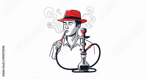 Man in red fedora smoking a hookah, with swirling smoke