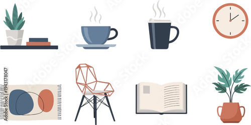 Cozy home interior elements plants, books, coffee cups, rug, chair, and clock