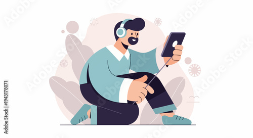 Animated character with headphones and phone enjoying music outdoors