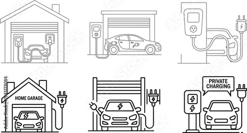 Modern vector icon set illustrating electric vehicle home charging and private EV stations. Ideal for residential energy infrastructure, sustainable transport, and future mobility concepts