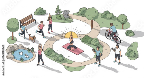 Park Scene with People Relaxing.