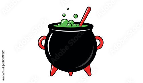 A cartoon image of a bubbling black cauldron with a red spoon