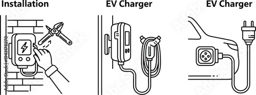 Illustrations depicting the installation and usage of an electric vehicle charging station, including wall mounting and car connection