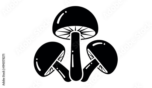 A black and white illustration of a mushroom with a large cap and thick stem