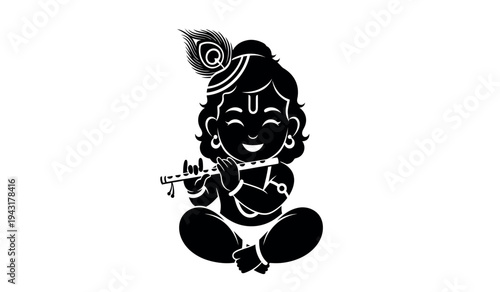 Black and white illustration of a smiling hindu deity playing a flute