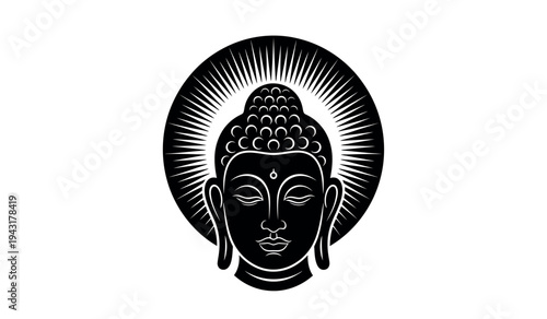 Black and white illustration of buddha head with serene expression and ornate hair
