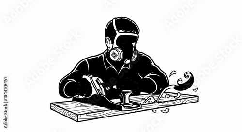 Man wearing gas mask planes wood, creating shavings