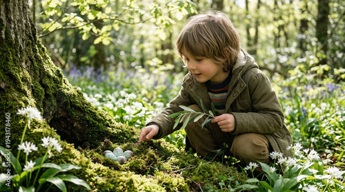 Curious young child exploring a bird nest with speckled eggs in sunlit spring forest, holding an olive branch among wildflowers and moss.