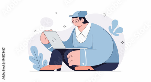 Flat illustration of a person wearing a cap and glasses using a laptop