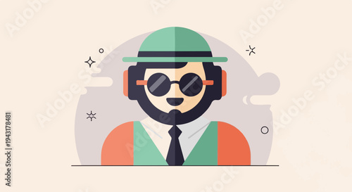 Flat illustration of a man wearing a hat, sunglasses, and headphones