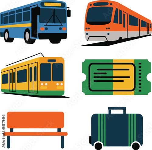 A blue bus and orange train icon set with ticket and luggage