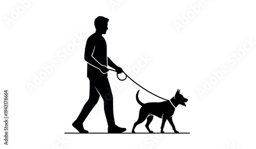Man walking a dog on a leash in a simple black silhouette