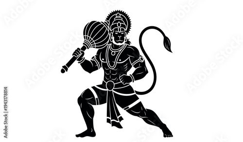 A hindu deity with a monkey tail holding a club