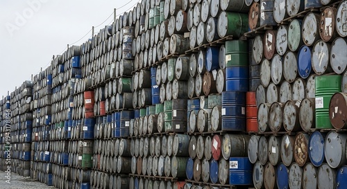 A massive wall of weathered industrial metal barrels stacked high in an outdoor storage yard under a cloudy sky.