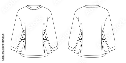 Sweatshirt fashion mockup with front and back view, sweatshirt template with lace up sides for clothing design, apparel branding, garment presentation, fashion catalog