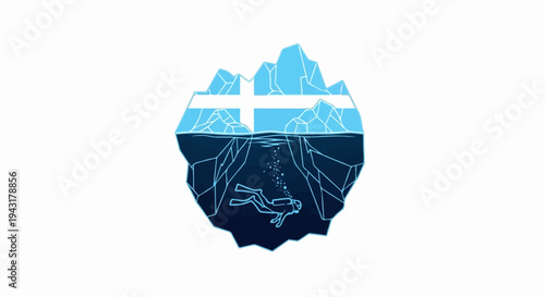 Diver explores icy depths within a fractured iceberg